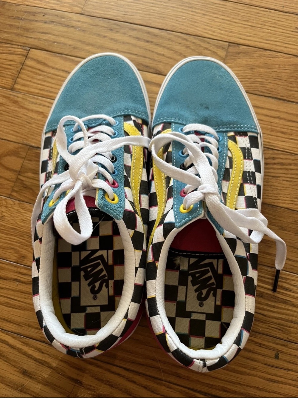 Vans Checkerboard Teal & Yellow Low-Top Sneakers women’s 9.5 men’s 8 Skater - Picture 4 of 6